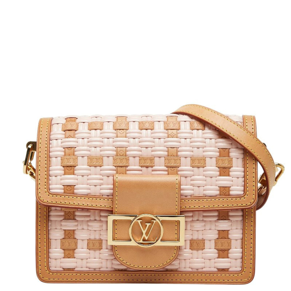 Louis Vuitton Dauphine Crossbody Bag Pink Beige Cream Leather Straw Tan